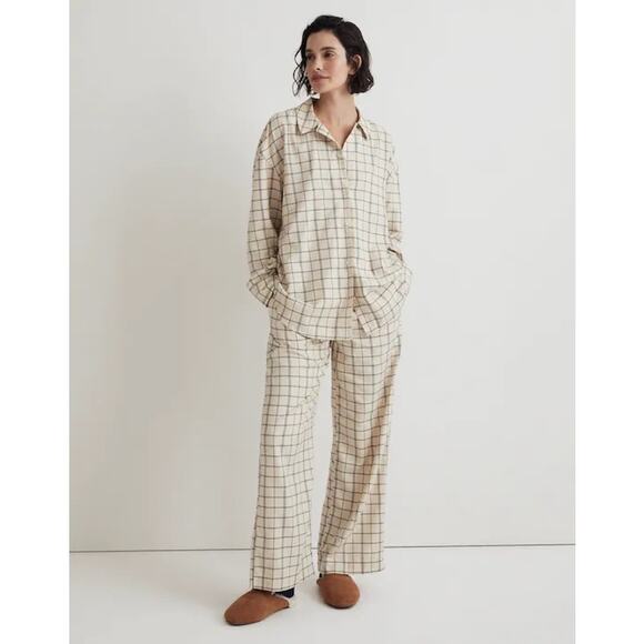 Madewell Plaid Flannel Long Sleeve Pajama Set Women’s Small Cream Lounge Cozy - Picture 2 of 15